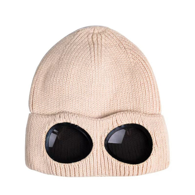 Windproof Plush Knit Hat With Sunglasses