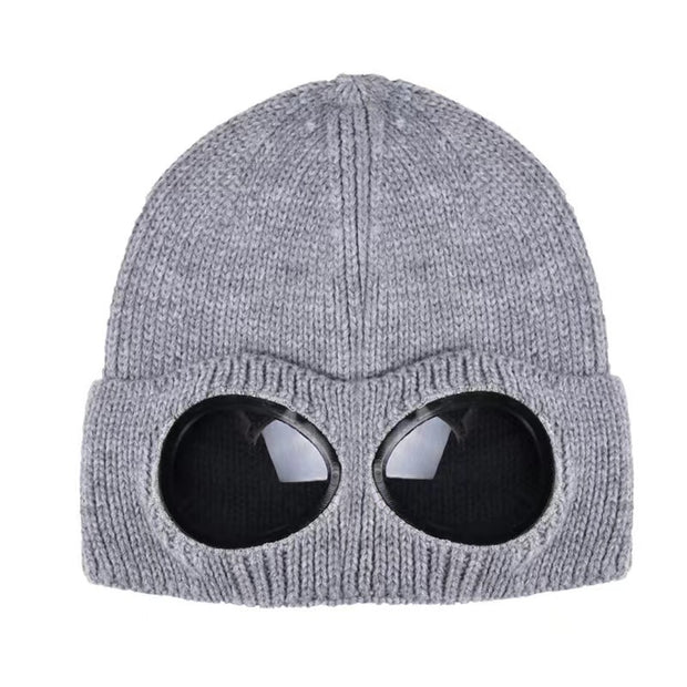 Windproof Plush Knit Hat With Sunglasses