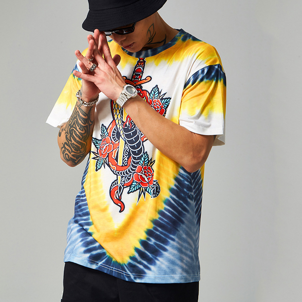 Street personality V-print tie-dye short-sleeved T-shirt