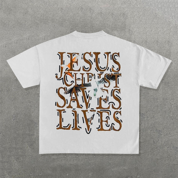 Jesus Christ Saves Lives Print Short Sleeve T-Shirt