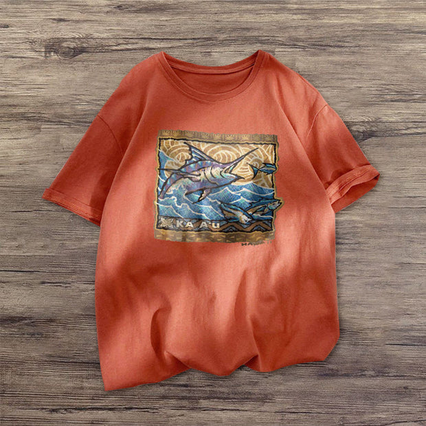 Marine fish retro print short-sleeved T-shirt