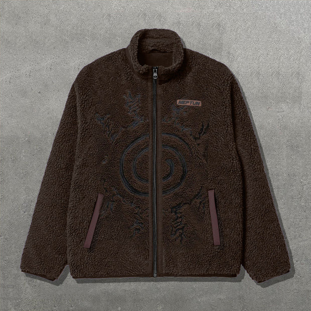 Fashion Anime Symbol Print Long Sleeve Zipper Pocket Plush Coat