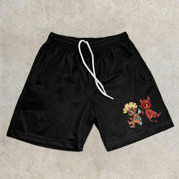 Cartoon Print Vintage Mesh Street Shorts