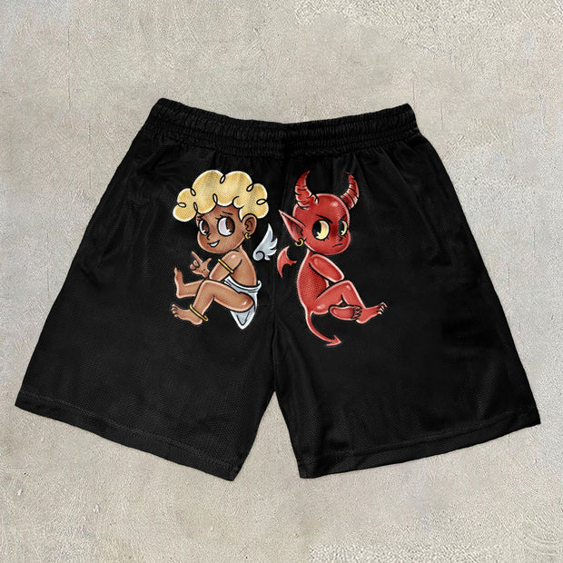 Cartoon Print Vintage Mesh Street Shorts