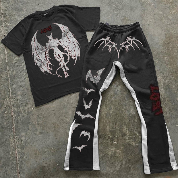Bat Print T-Shirt Trousers Two-Piece Set