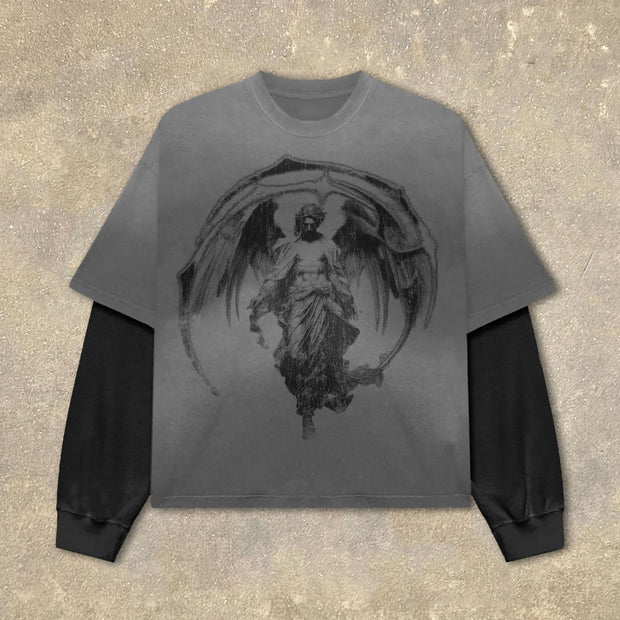 Fake Two Angel Print Long Sleeve T-Shirt