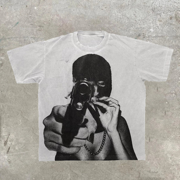 Fashion retro character print round neck T-shirt