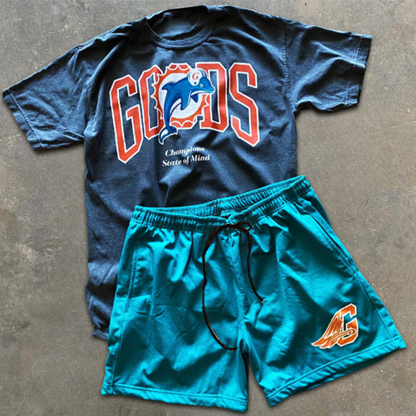 Dolphin Graphic Slogan Print Short Sleeve Two Piece