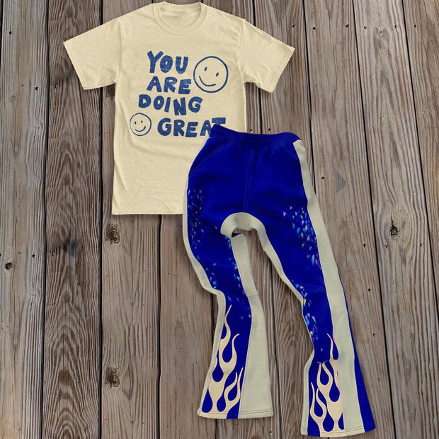Fashion preppy letter print T-shirt flame trousers two-piece set