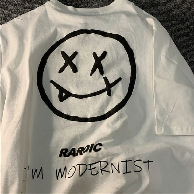 Evil smiley brushed short-sleeved American retro loose T-shirt