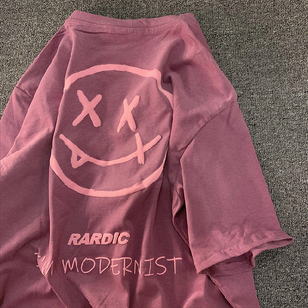 Evil smiley brushed short-sleeved American retro loose T-shirt