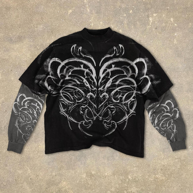 Fake Two Heart Print Long Sleeve T-Shirt