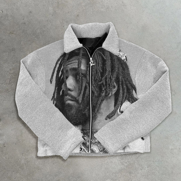 People Image Tapestry Lapel Zip-Up Jacket