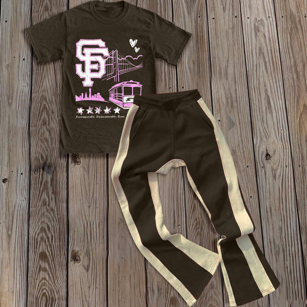 Personalized street style printed short-sleeved T-shirt color matching trousers two-piece set