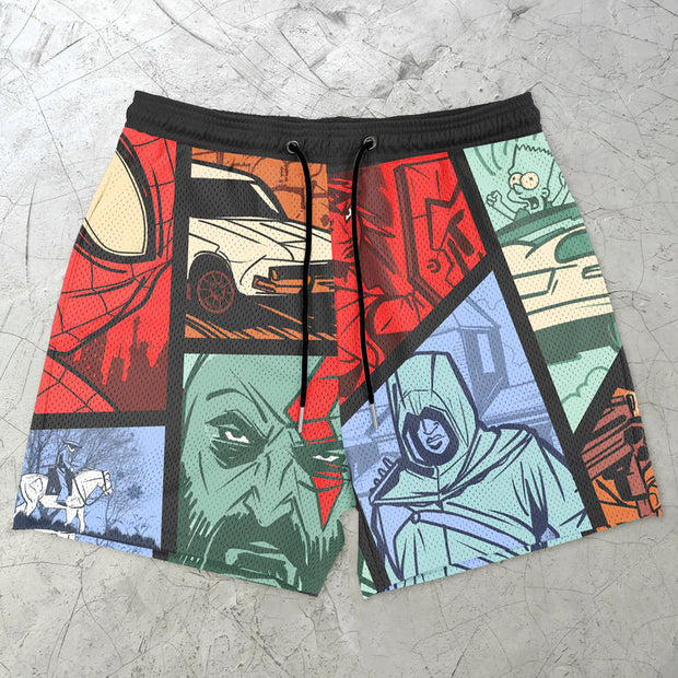 Contrast Color Fashion Cartoon Print Mesh Shorts