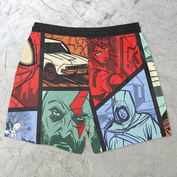 Contrast Color Fashion Cartoon Print Mesh Shorts