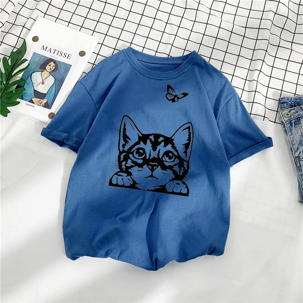 Casual Loose Cat Butterfly Print Cotton T-Shirt