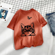 Casual Loose Cat Butterfly Print Cotton T-Shirt