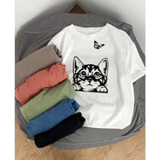 Casual Loose Cat Butterfly Print Cotton T-Shirt