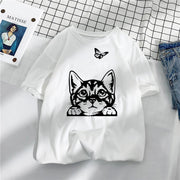Casual Loose Cat Butterfly Print Cotton T-Shirt