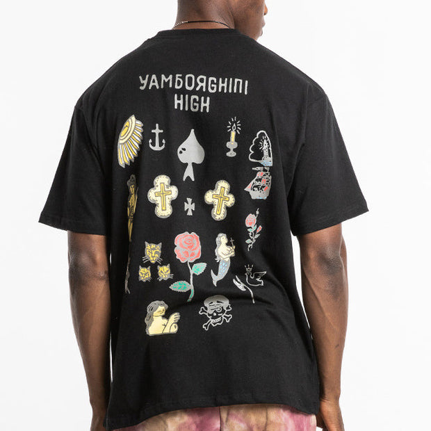 Hand drawn elements rose flower cross cartoon illustration couple men's t-shirt