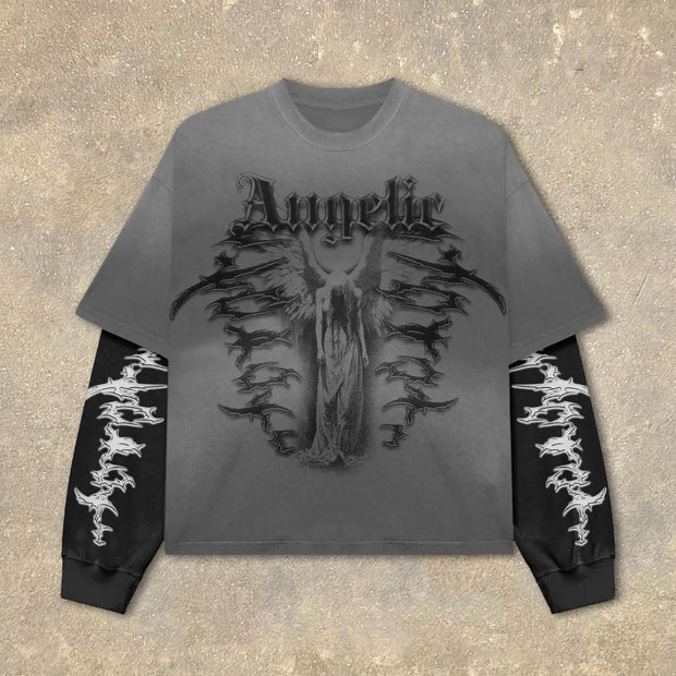 Fake Two Angelic Print Long Sleeve T-Shirt