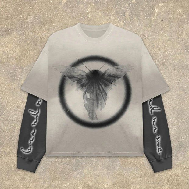Butterfly Wings Fake Two Print Long Sleeve T-Shirt