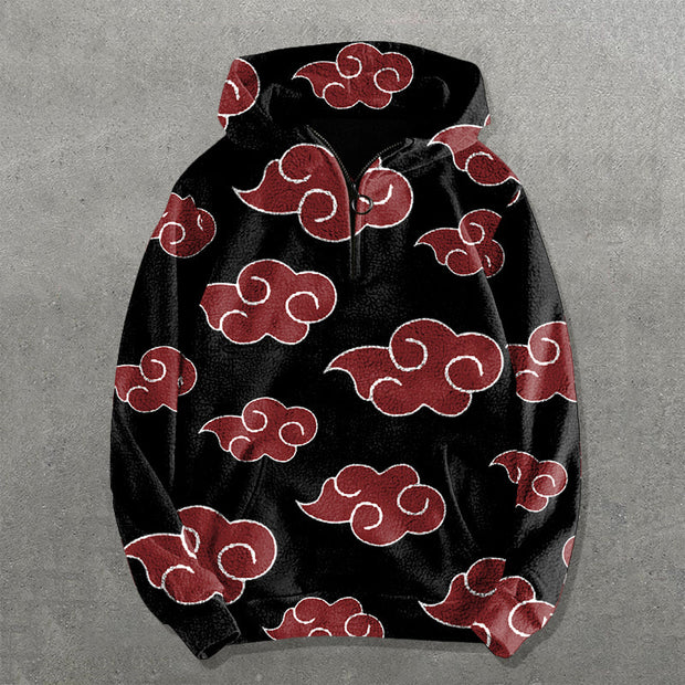 Clouds Print Long Sleeve Zipper Neck Plush Hoodies