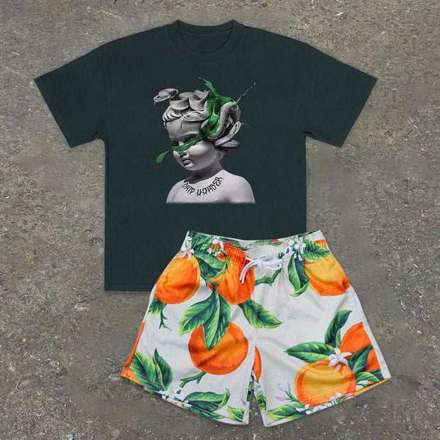 Tide brand art print short-sleeved shorts suit