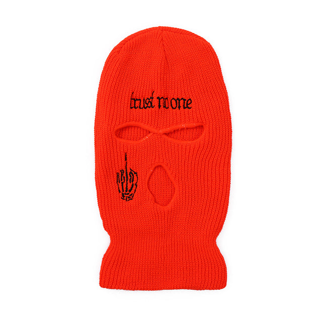 Embroidered warm letter wool hat outdoor windproof hip-hop mask head cover three-hole knitted hat