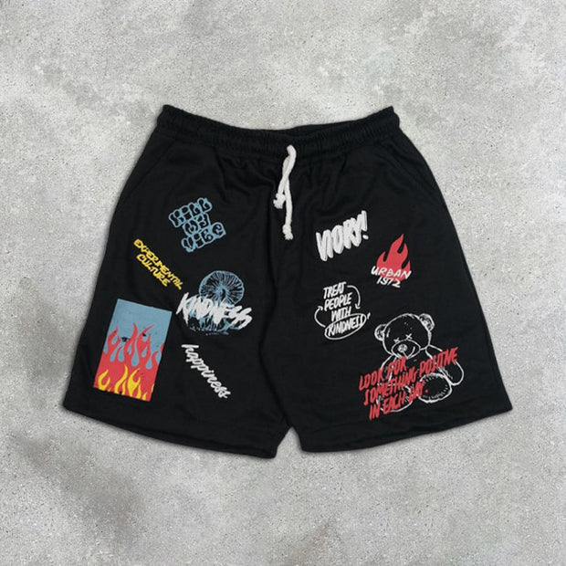 graffiti print elastic shorts