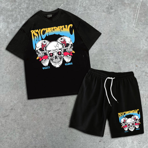 Skull Print Short Sleeve Shorts Set