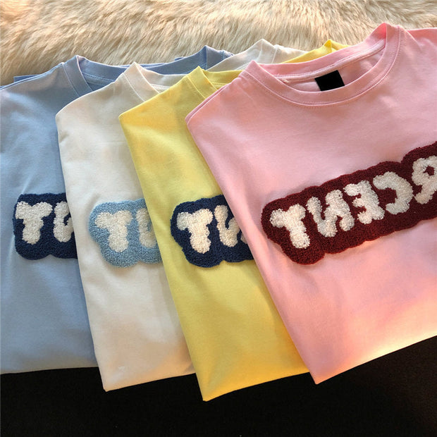 Jew4room Flocking Embroidered Loose Short Sleeve T-Shirt