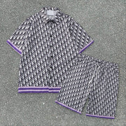 Tide brand casual print striped stand-up collar loose short-sleeved shorts suit