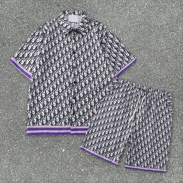 Tide brand casual print striped stand-up collar loose short-sleeved shorts suit