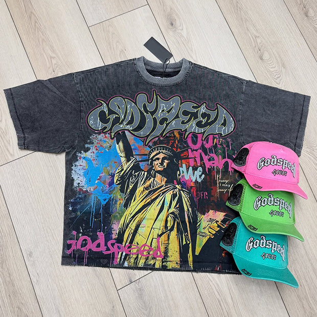 Washed Crew Neck Statue of Liberty T-Shirt