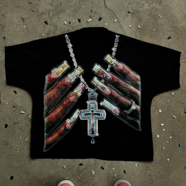 Cross Necklace Print Short Sleeve T-Shirt