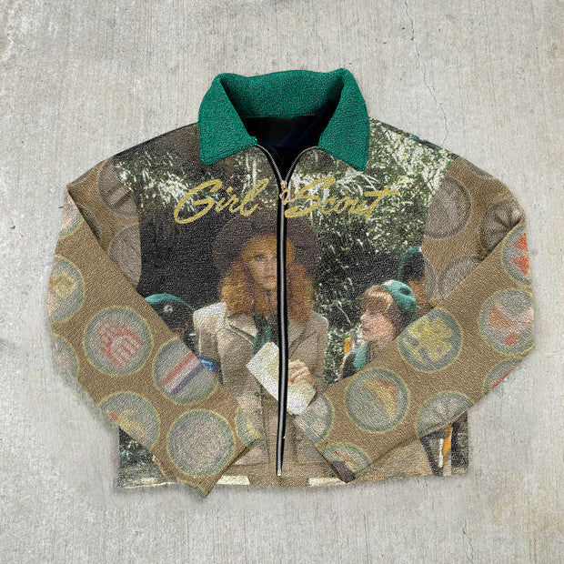 Contrast Lettering Tapestry Lapel Jacket