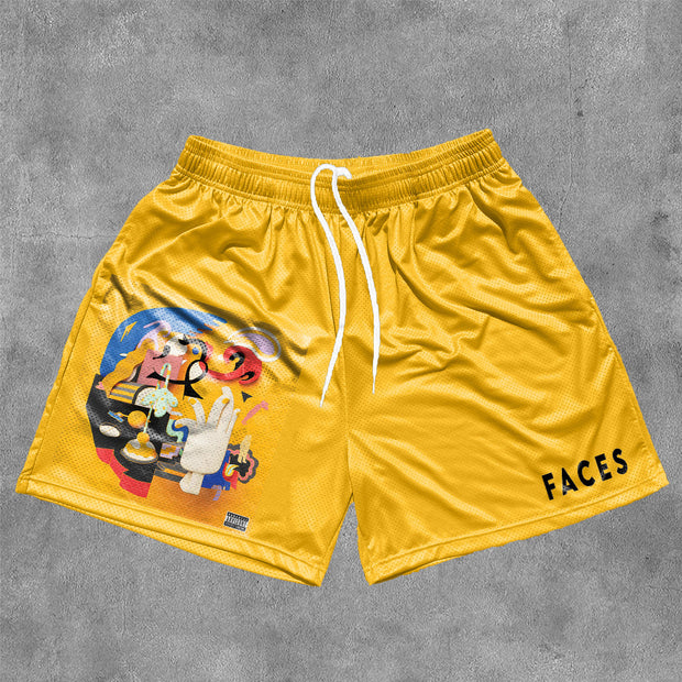 Faces Print Mesh Drawstring Shorts
