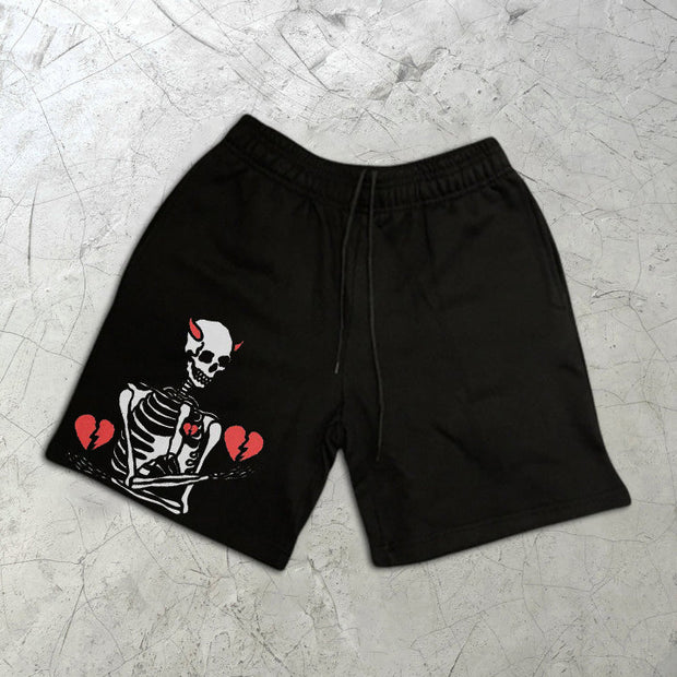 Skull Heart Print Elastic Shorts