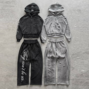 Retro appliqué irregular waistband sweatpants set