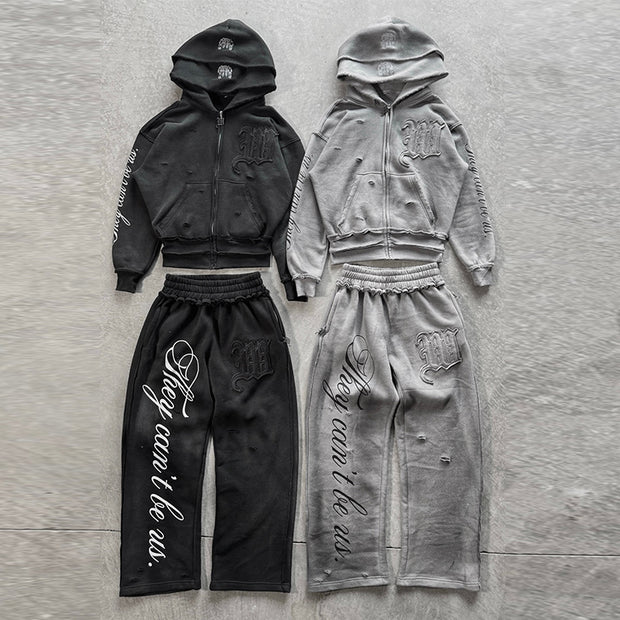 Retro appliqué irregular waistband sweatpants set