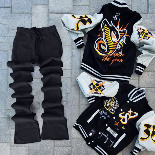 Stylish contrasting color baseball jacket and flared pants suit