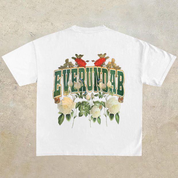 Vintage Rose Print Short Sleeve T-Shirt Loose Couple Fit