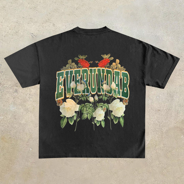 Vintage Rose Print Short Sleeve T-Shirt Loose Couple Fit