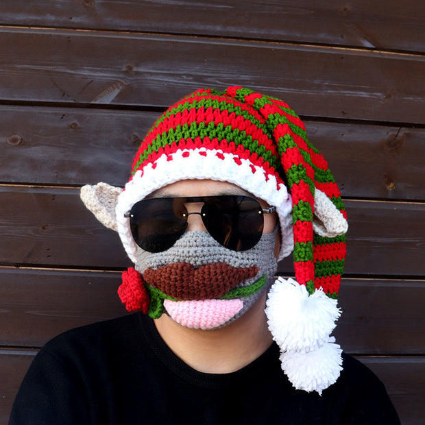 Winter funny Christmas hat new handmade crochet clown hat red lip mask two-piece holiday couple parent-child outfit