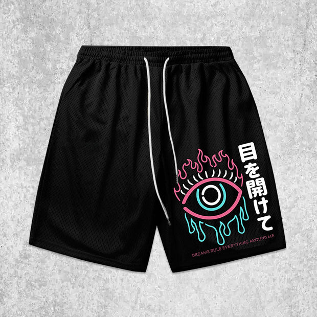 eye pattern mesh shorts