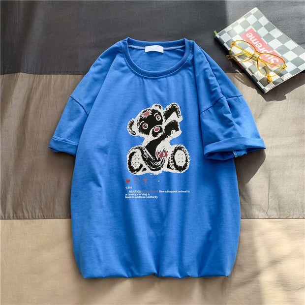 Hong Kong style cartoon bear print short-sleeved T-shirt