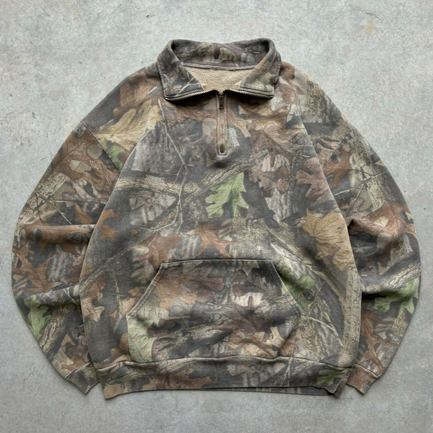 Vintage Camouflage Print Half Zip Plush Sweatshirt