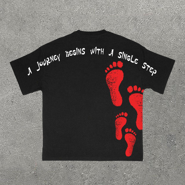 Footprint & Letters Print Short Sleeve T-Shirt